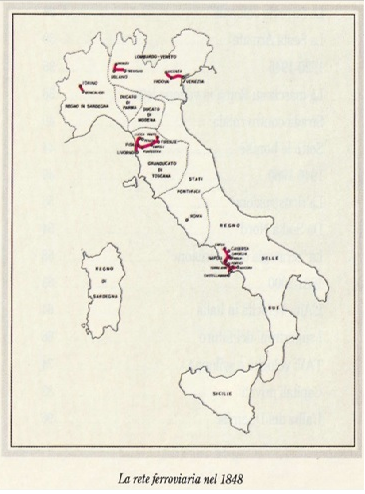 La situazione delle strade ferrate in Italia nel 1848.
