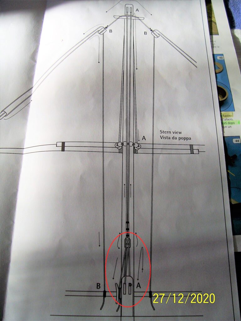 disegno della drizza del pennone della Cocca Mediterranea.