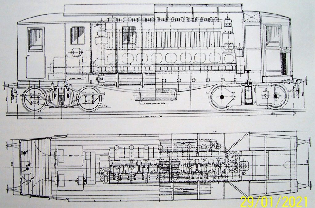 Disegni della struttura della locomotiva n. 21 della MMO, prototipo della trazione diesel in Italia.
