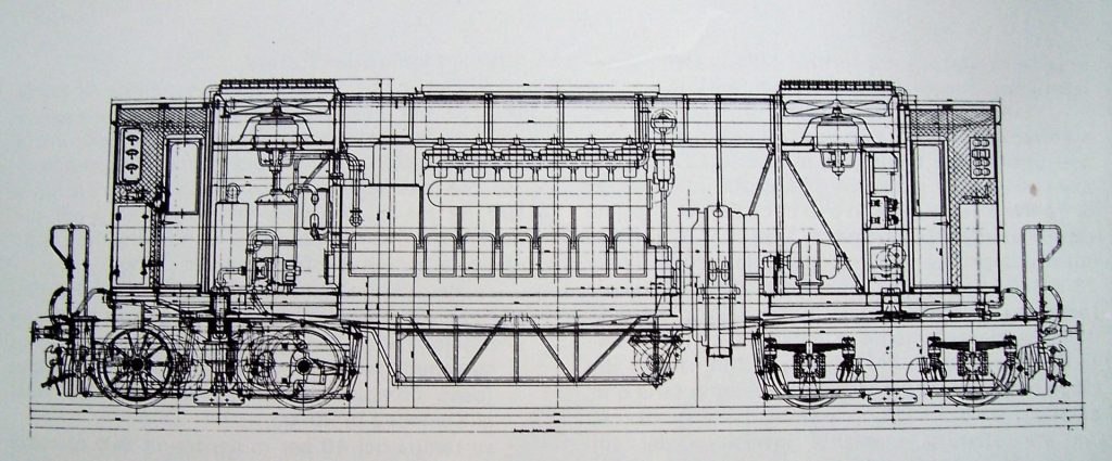 Disegno della locomotiva prototipo MCL 301 progettata per la trazione diesel in Italia.