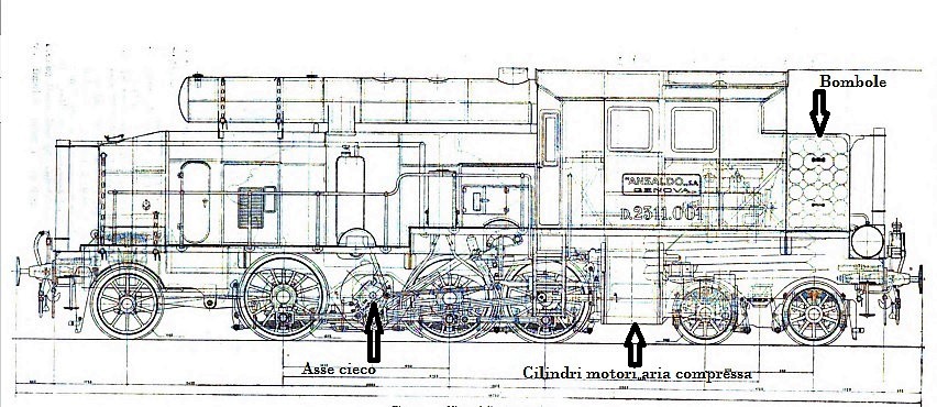 Disegno tecnico del prototipo di locomotiva diesel dell'Ansaldo.