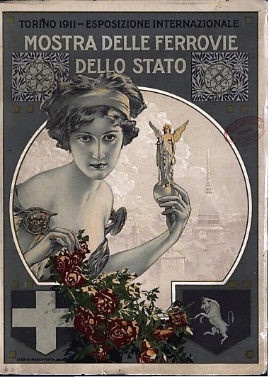 Copertina della pubblicazione per la MOSTRA DELLE FERROVIE DELLO STATO all'Esposizione di Torino del 1911.